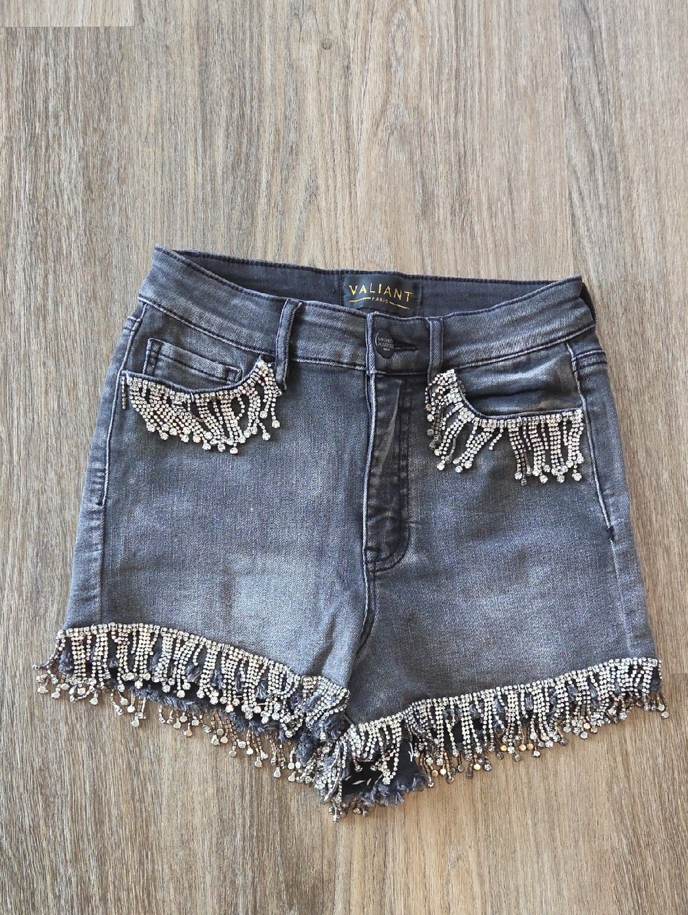 Valiant Gray Rhinestone Fringe Denim Shorts Size Small